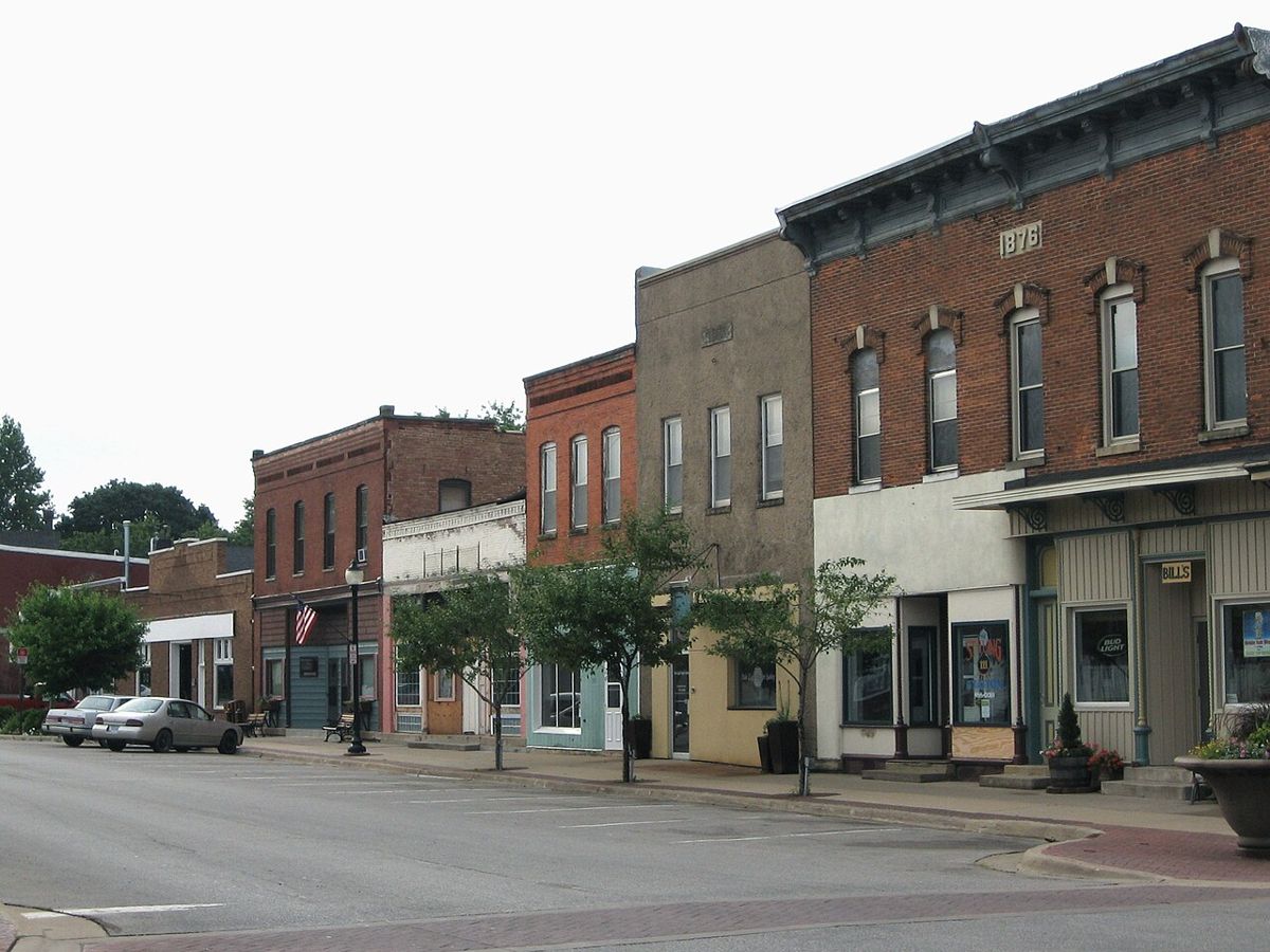 Historic storefronts on Main Street in Lisbon, Iowa